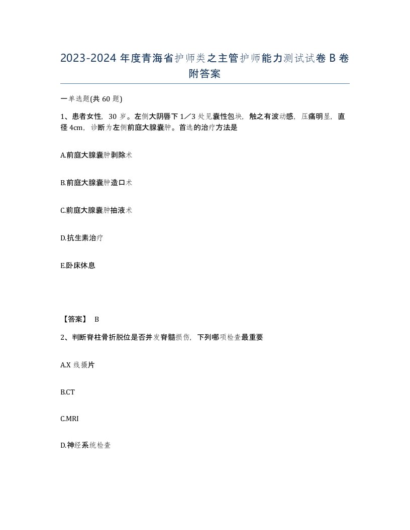 2023-2024年度青海省护师类之主管护师能力测试试卷B卷附答案