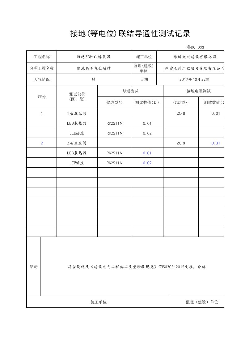 接地(等电位)联结导通性测试记录