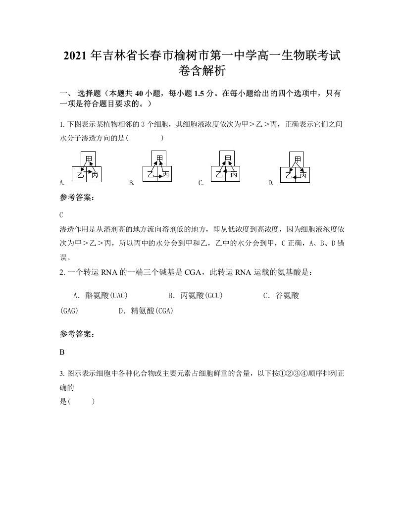 2021年吉林省长春市榆树市第一中学高一生物联考试卷含解析