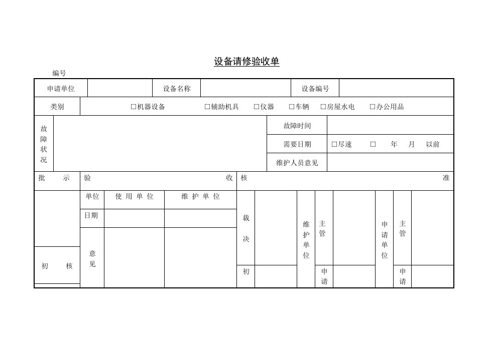 【管理精品】设备请修验收单