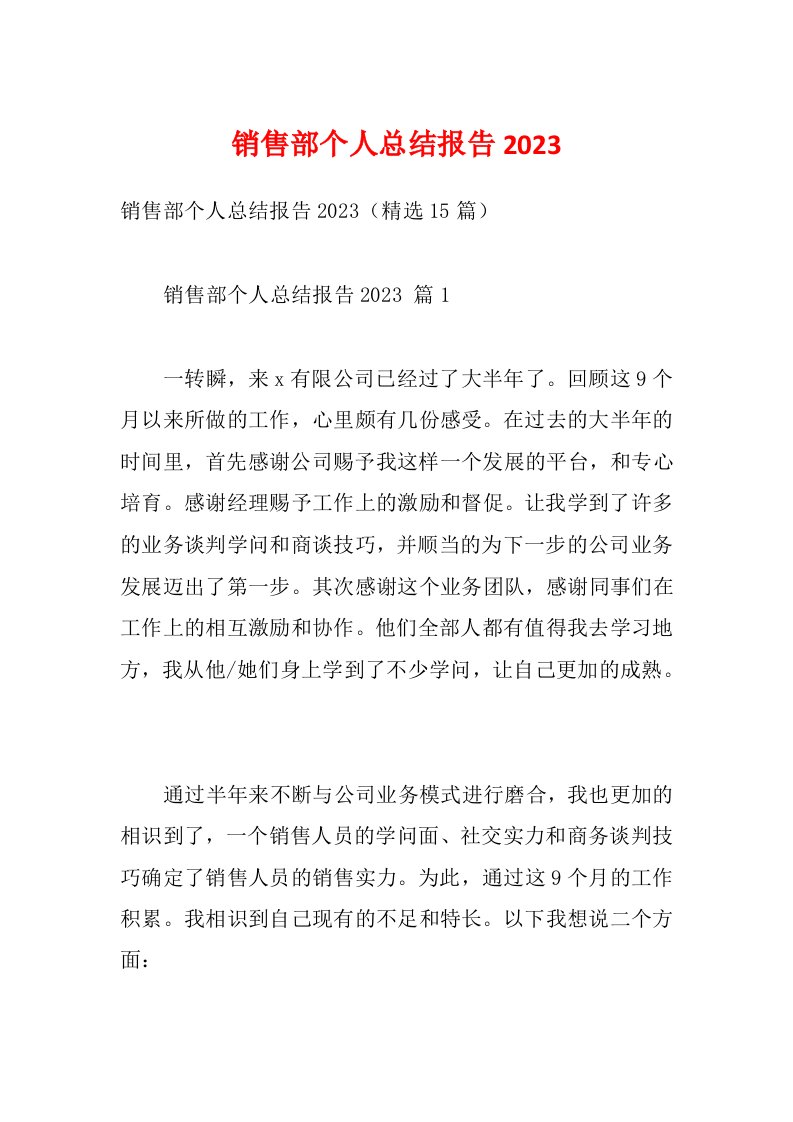 销售部个人总结报告2023