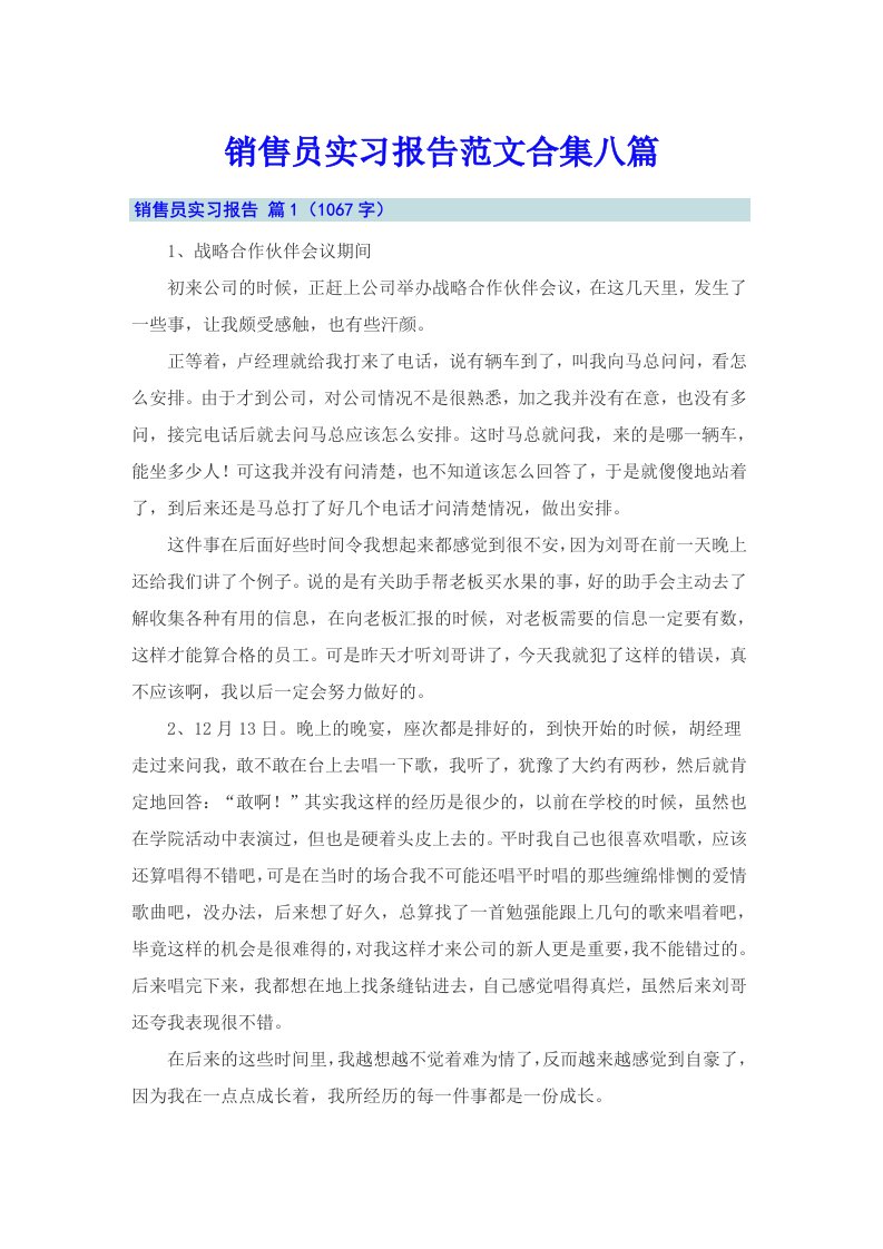 销售员实习报告范文合集八篇