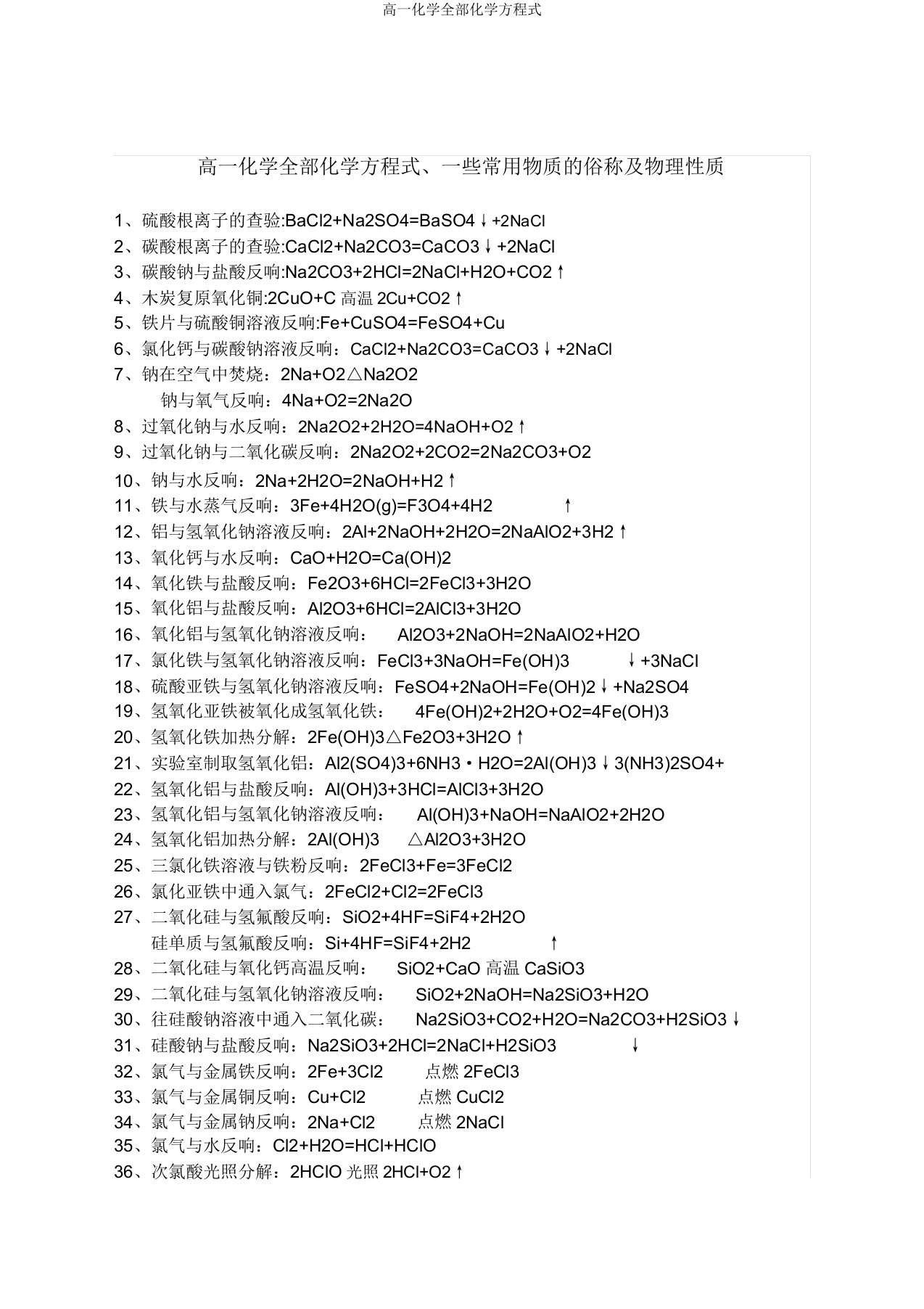 高一化学所有化学方程式