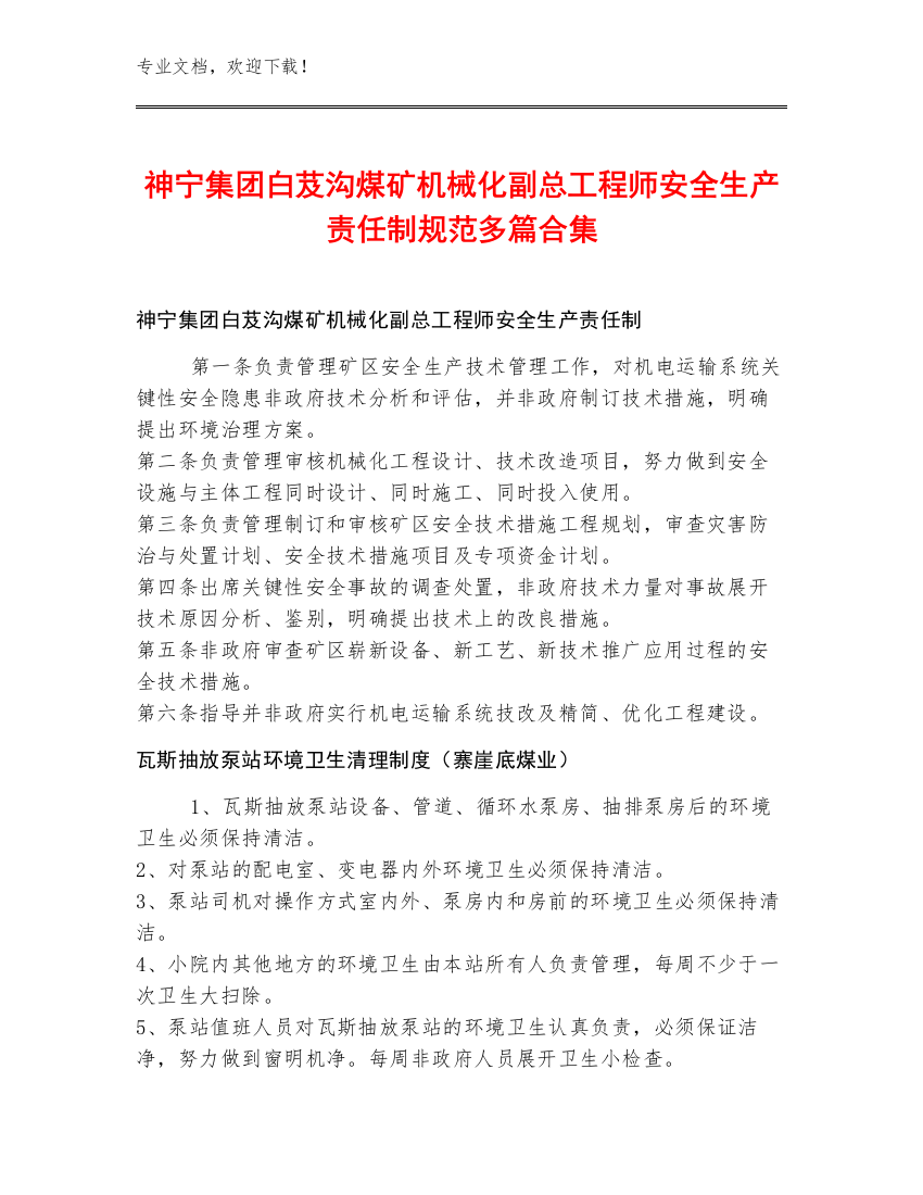 神宁集团白芨沟煤矿机械化副总工程师安全生产责任制规范多篇合集