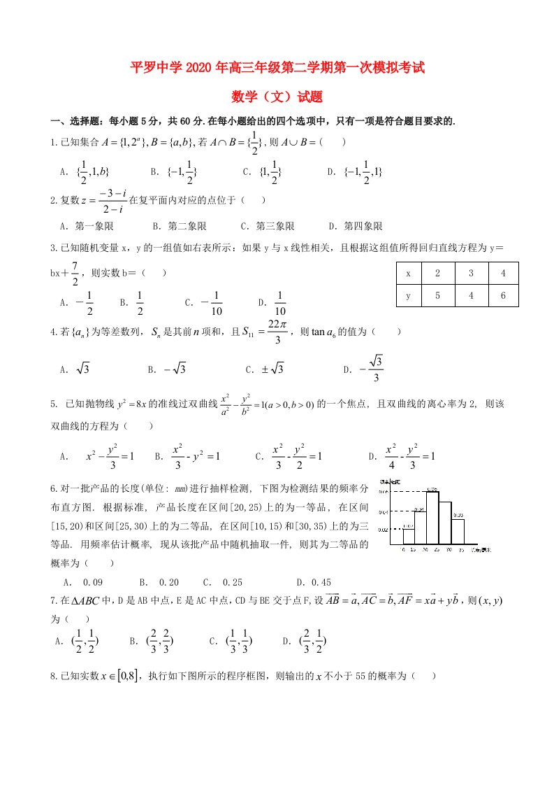 宁夏平罗中学2020届高三数学第一次模拟考试试题文无答案通用