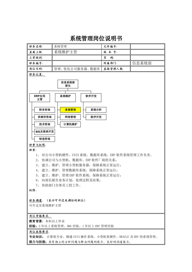 信息系统部系统管理岗位职责