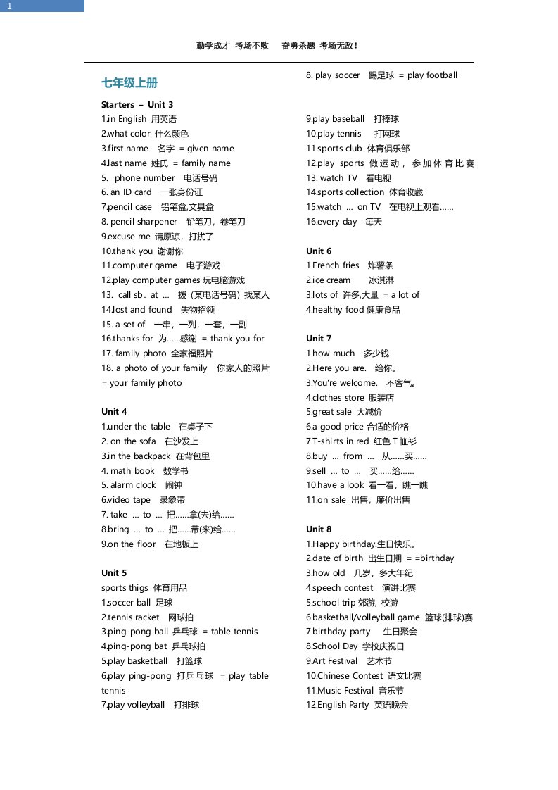 初中英语人教版短语及知识点归纳(-年级)