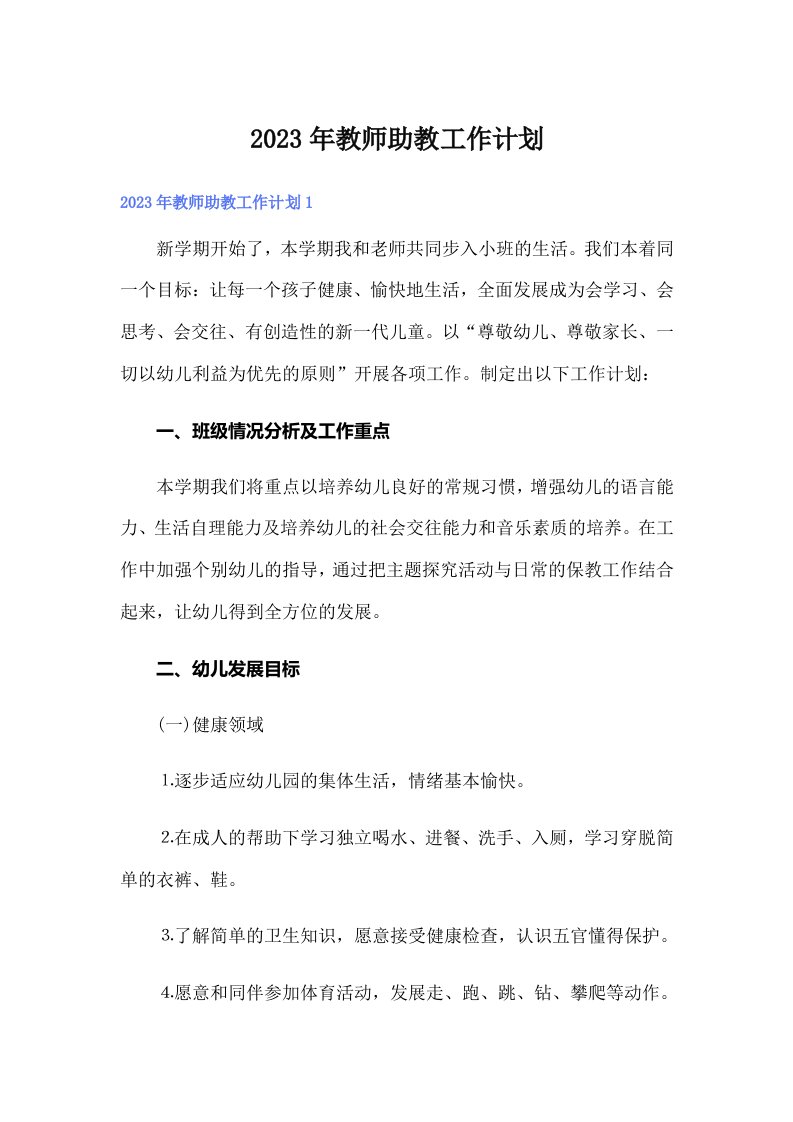 2023年教师助教工作计划