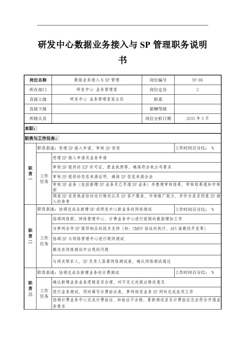 通信行业-研发中心业务管理室-数据业务接入与SP管理岗位说明书