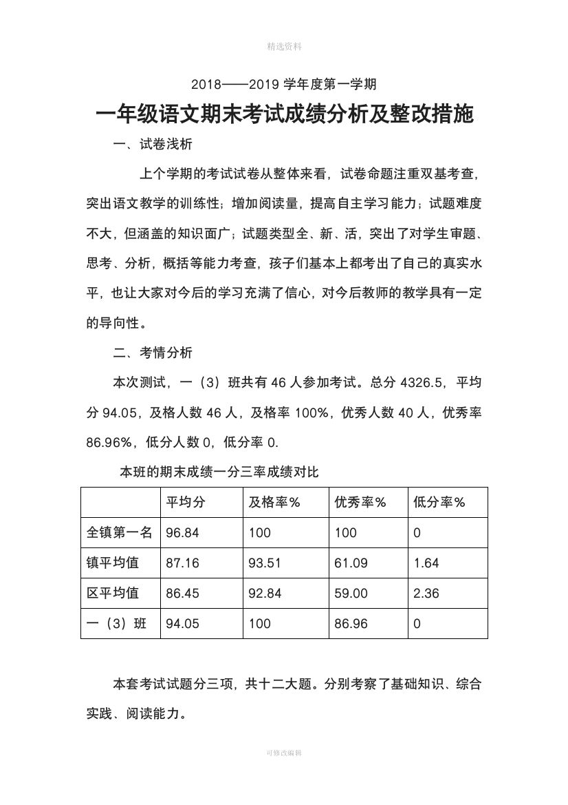 一级上册语文期末考试成绩分析和整改措施