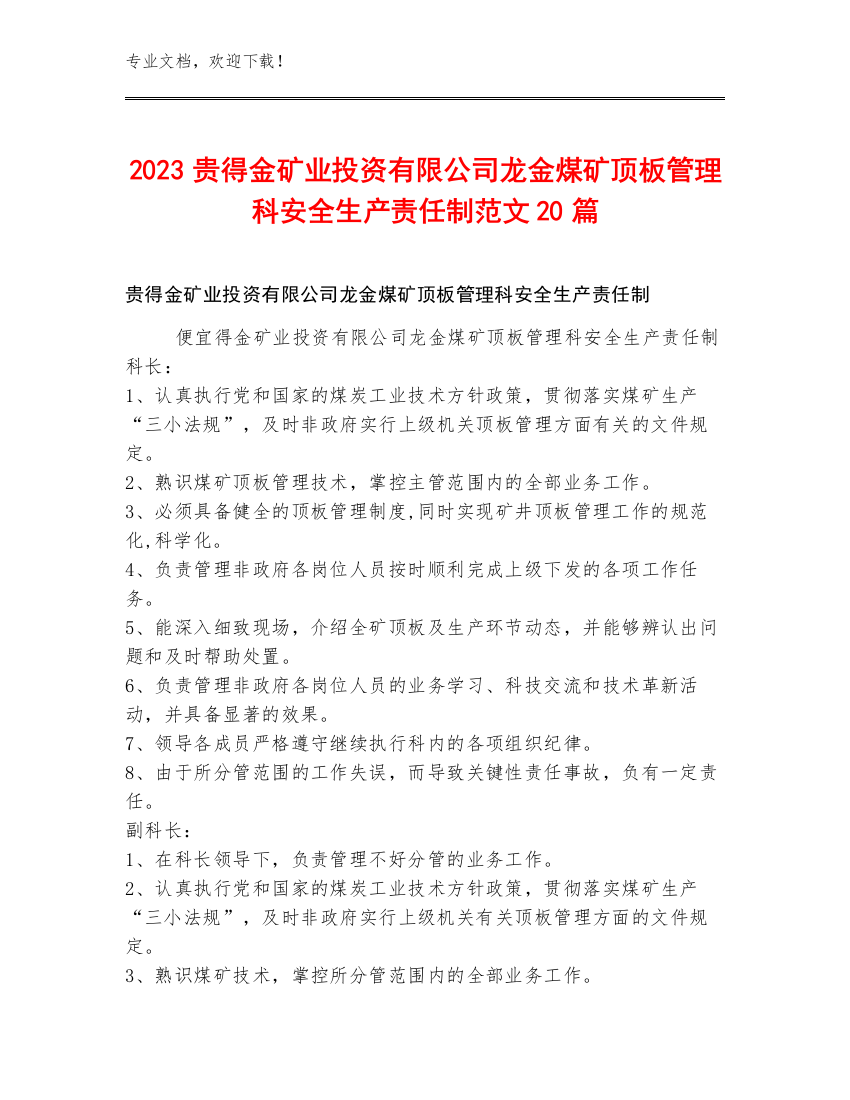 2023贵得金矿业投资有限公司龙金煤矿顶板管理科安全生产责任制范文20篇