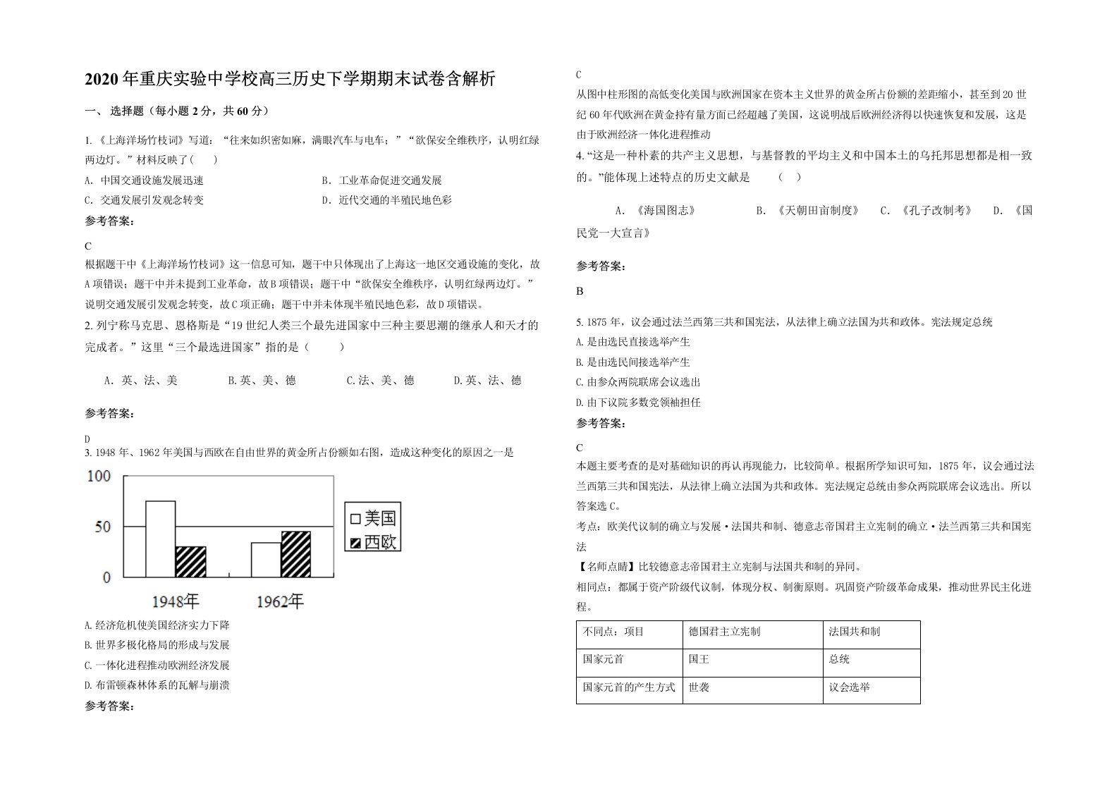 2020年重庆实验中学校高三历史下学期期末试卷含解析