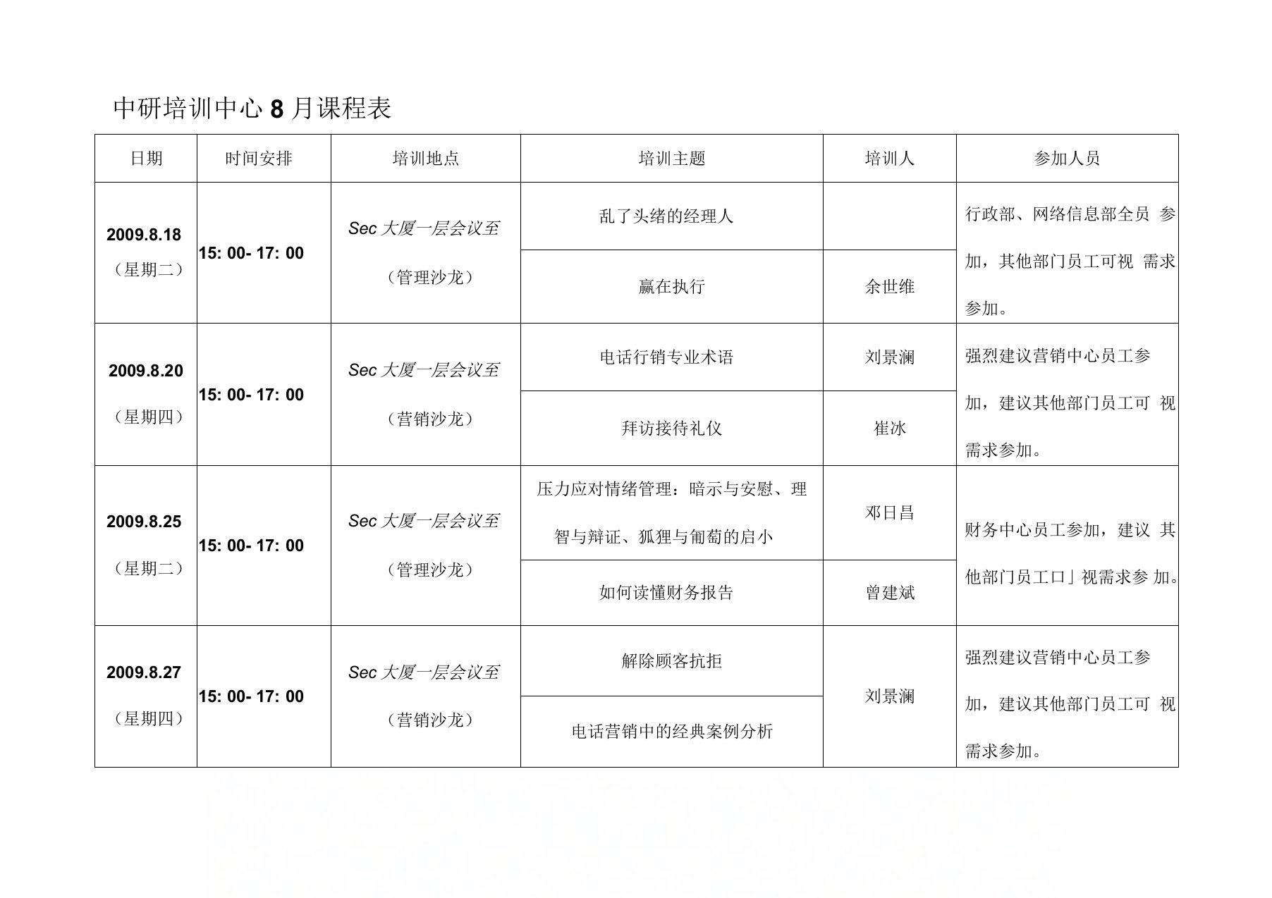 中研公司员工培训课程表