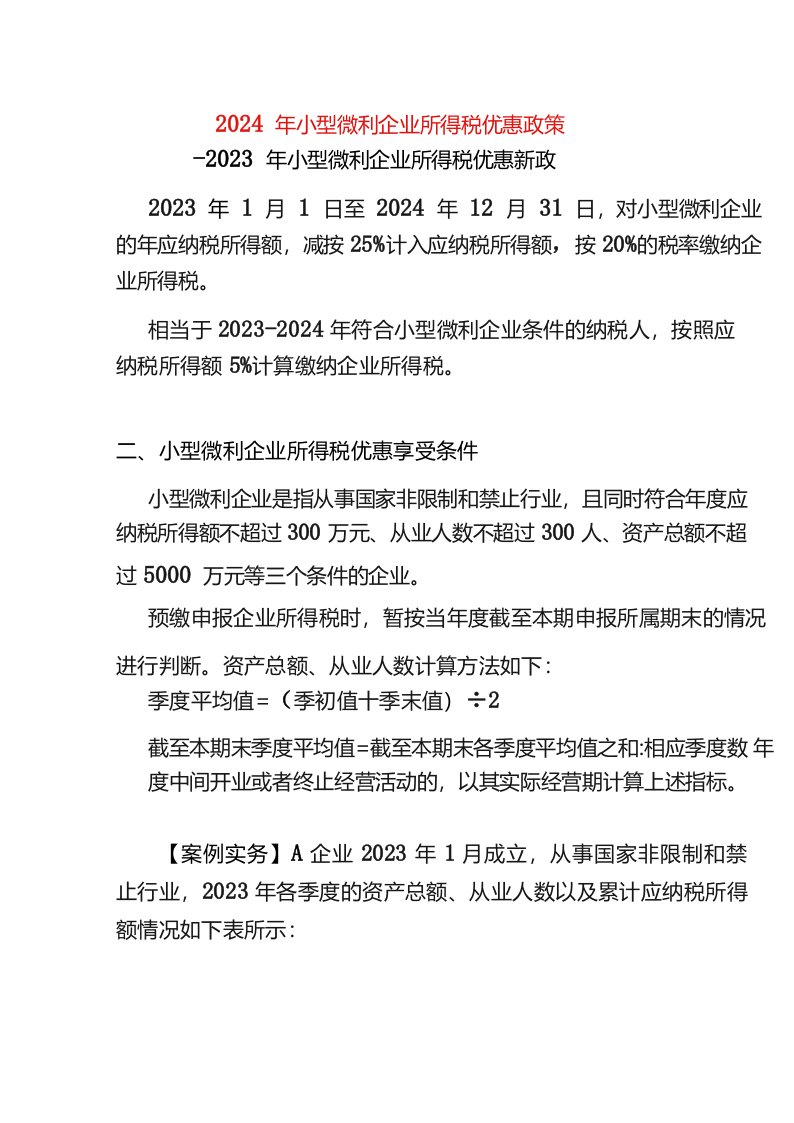 2024年小型微利企业所得税优惠政策