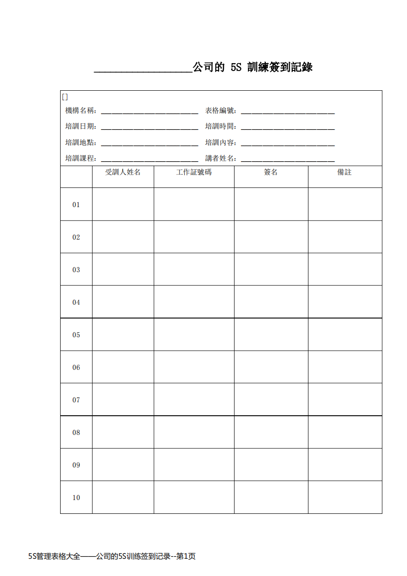 5S管理表格大全——公司的5S训练签到记录