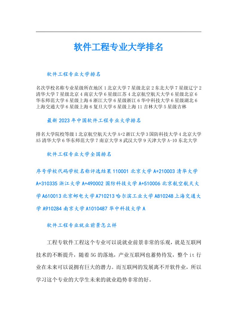 软件工程专业大学排名