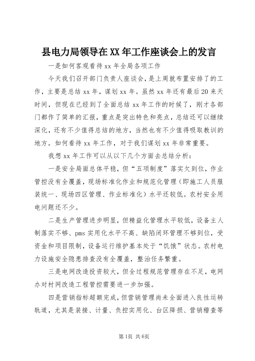 县电力局领导在XX年工作座谈会上的发言