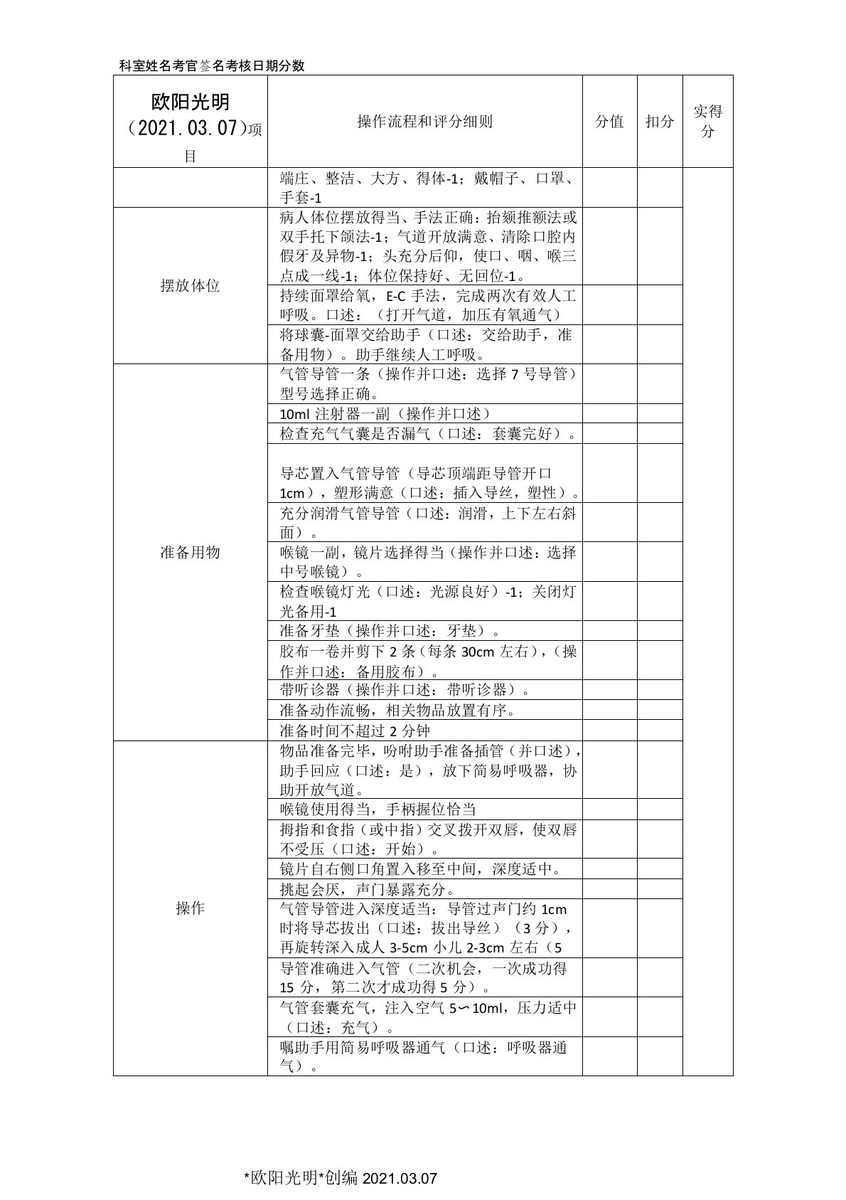 2021年气管插管评分标准