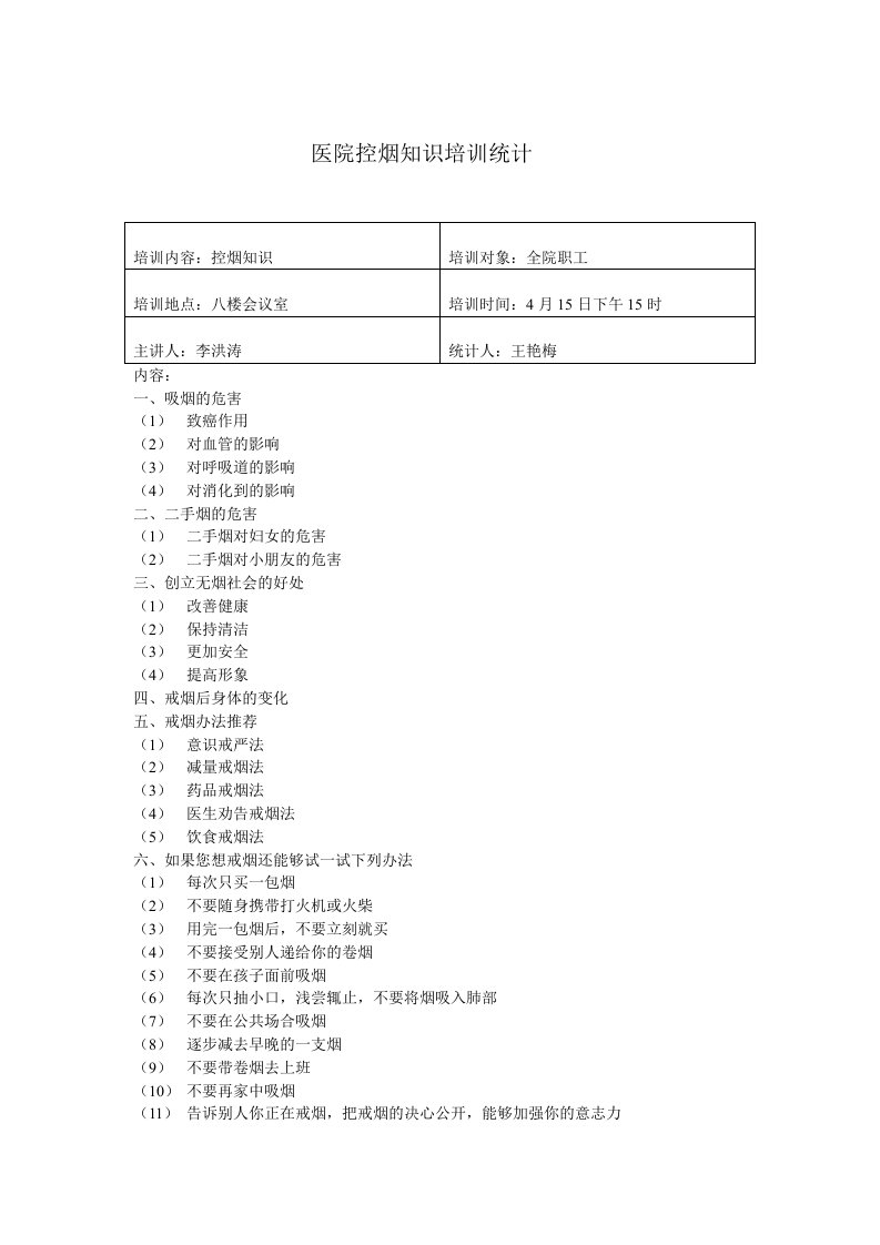 医院控烟知识培训记录