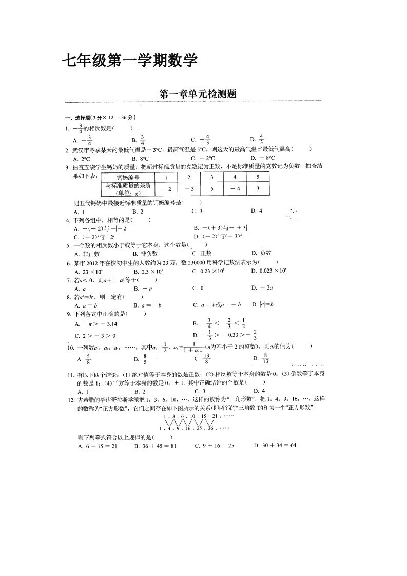 初中七年级第一学期数学第一章单元检测题