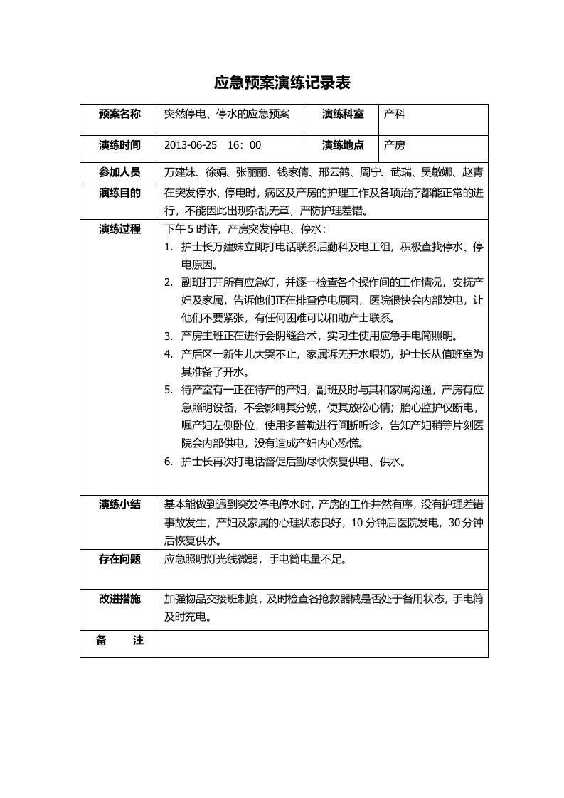 产房突发停水停电的应急预案