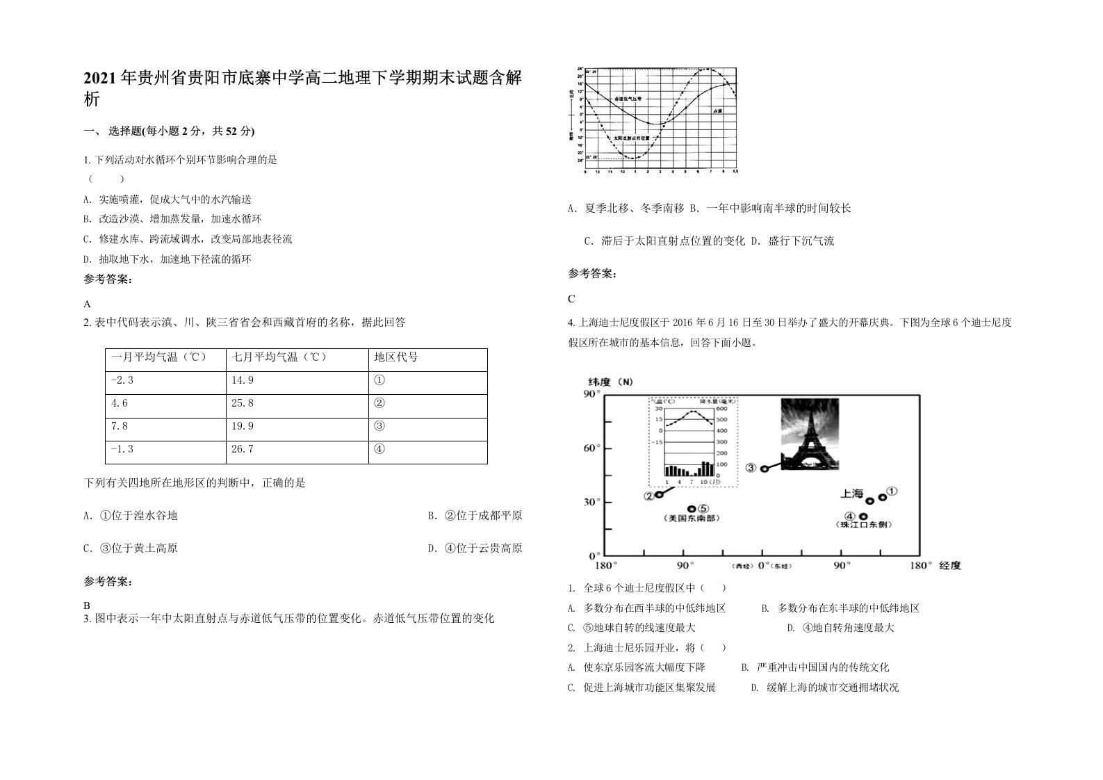 2021年贵州省贵阳市底寨中学高二地理下学期期末试题含解析