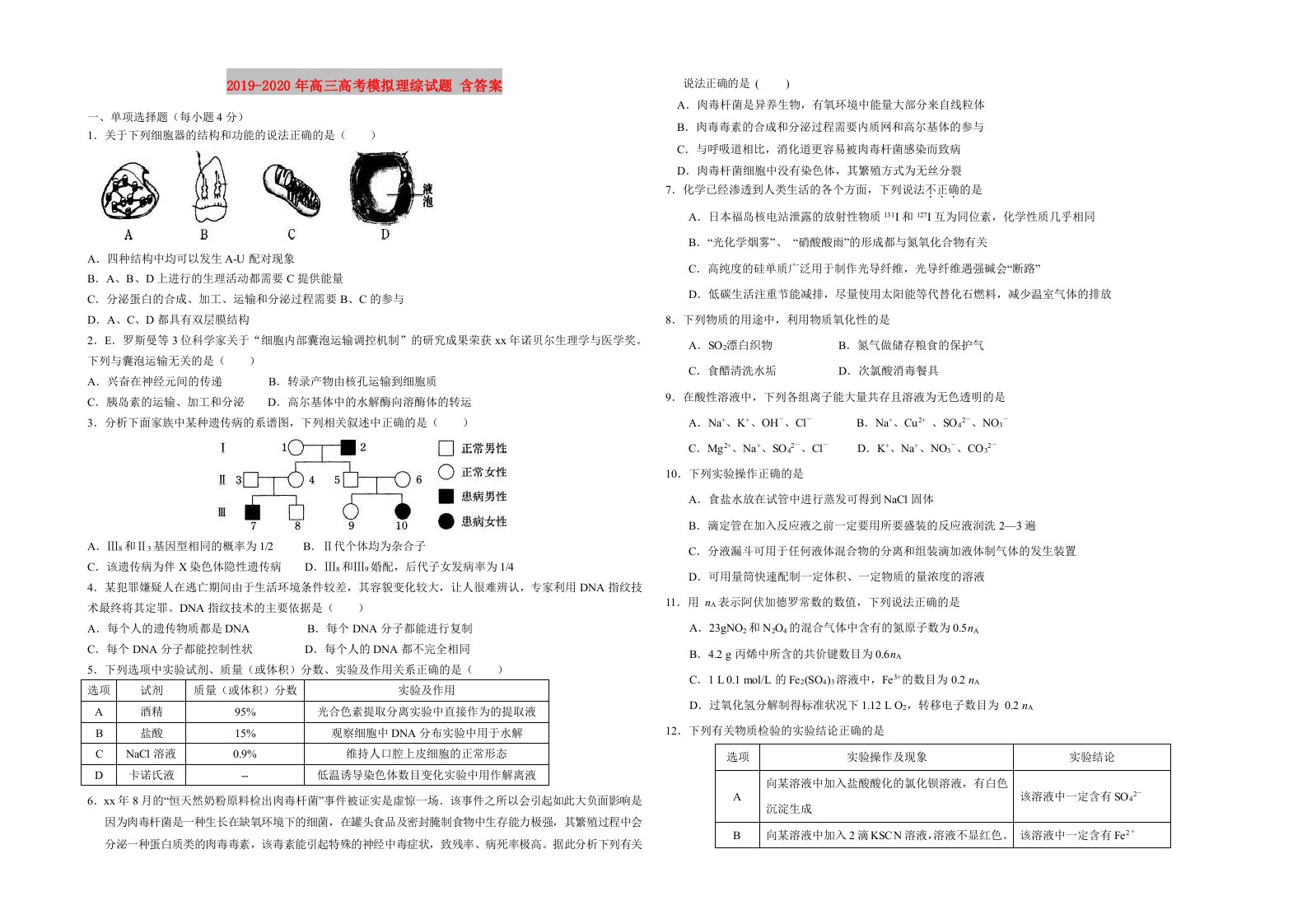 2019-2020年高三高考模拟理综试题