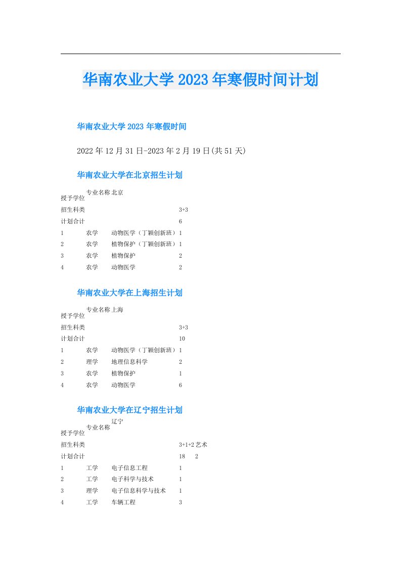 华南农业大学寒假时间计划