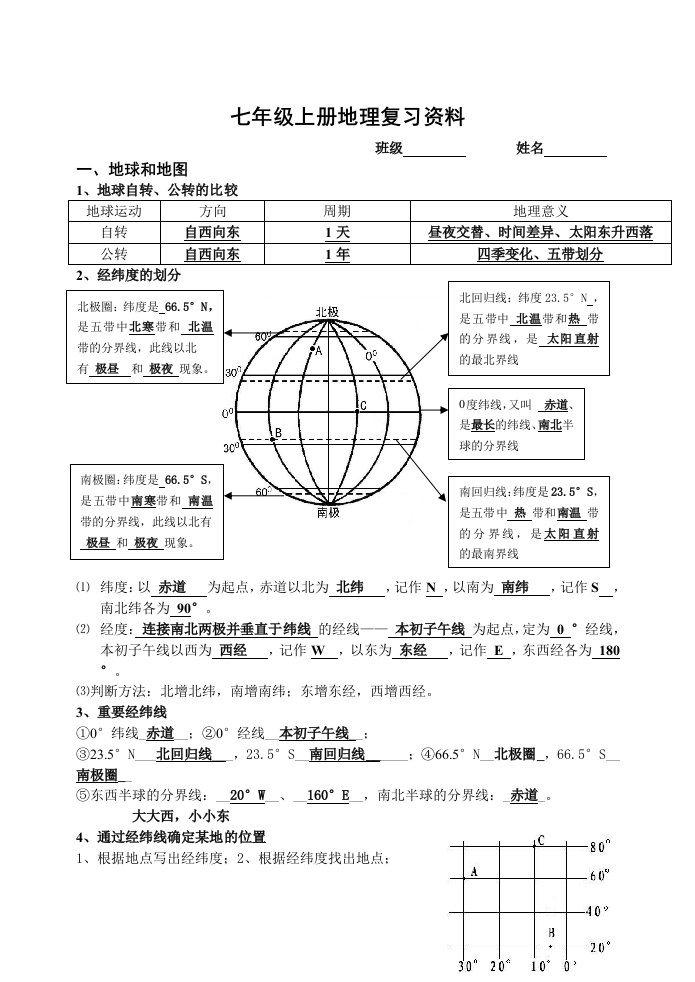 人教版七年级上册地理复习知识点含答案