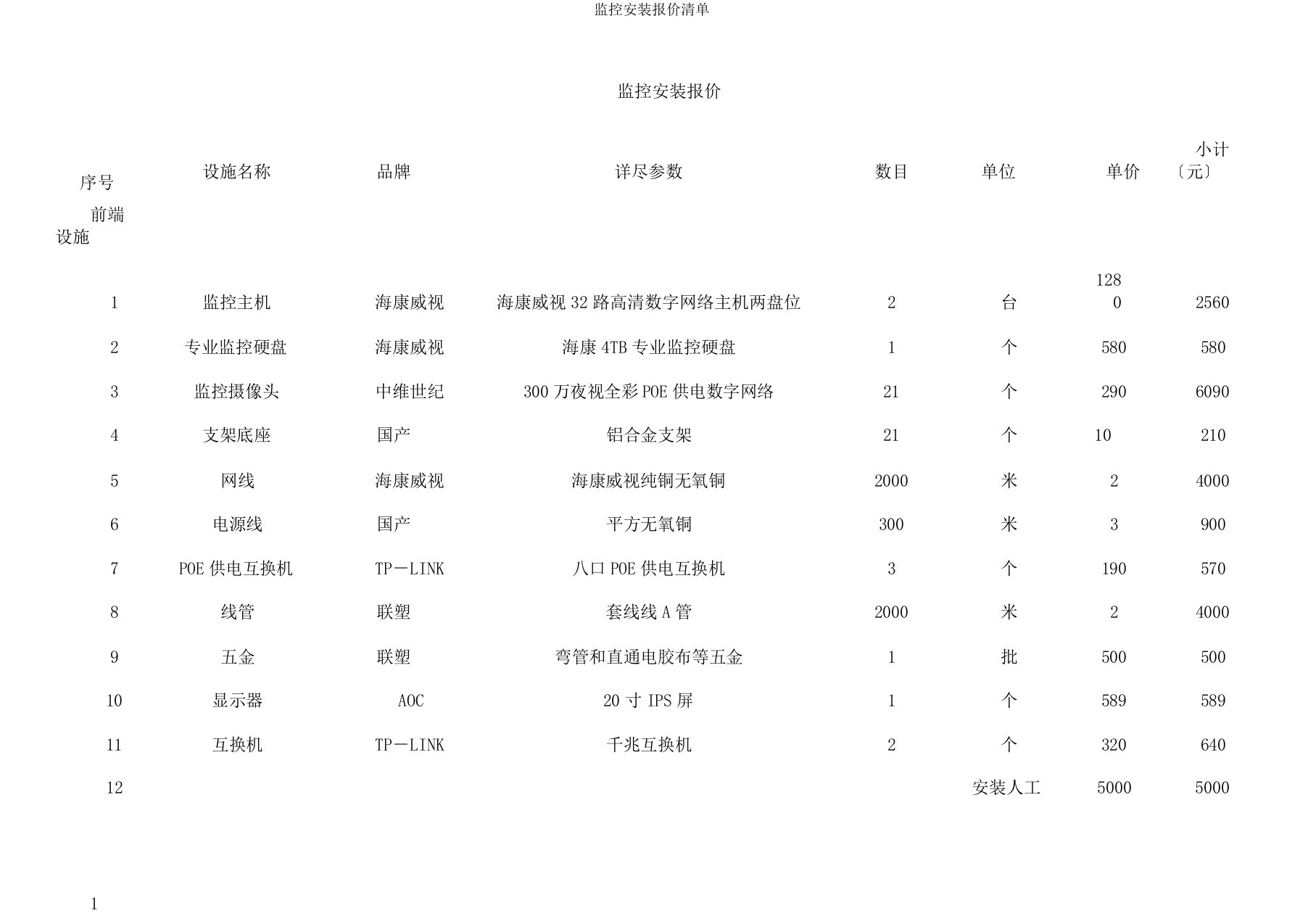 监控安装报价清单