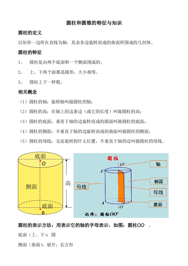 圆柱和圆锥的特征与知识