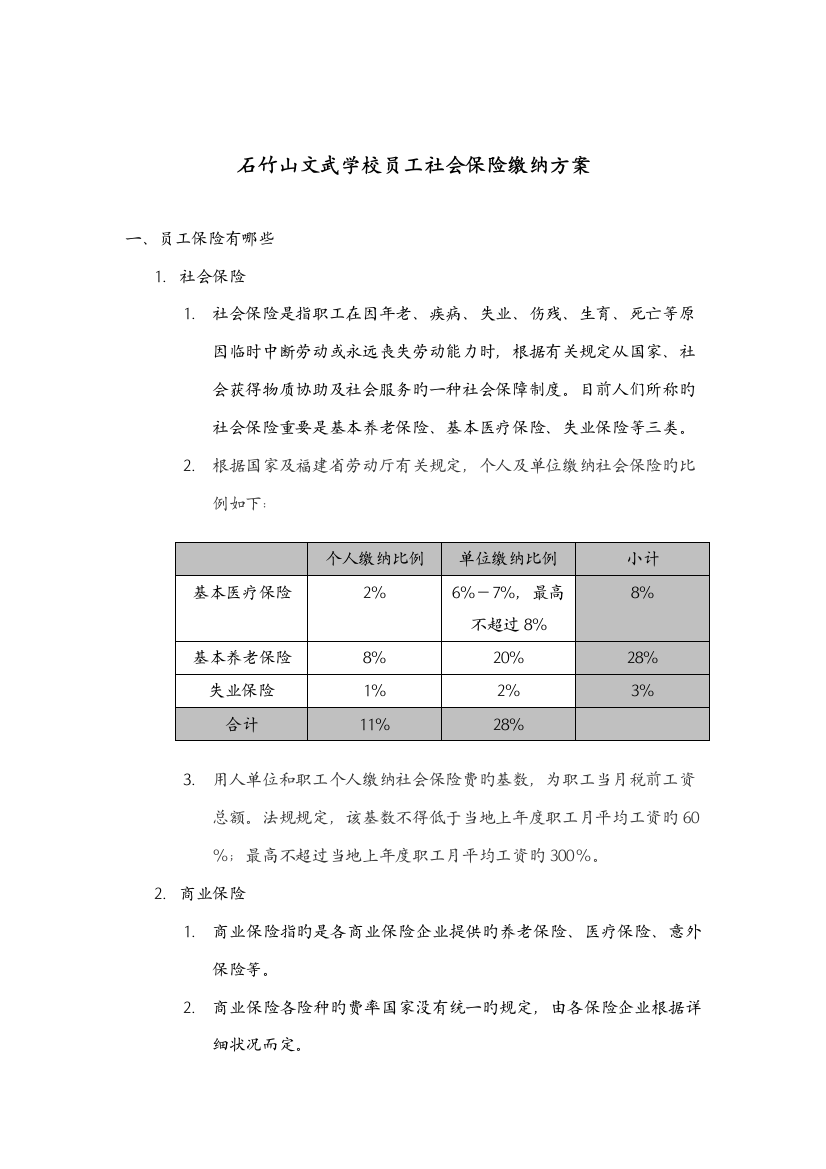 学校员工社会保险缴纳方案