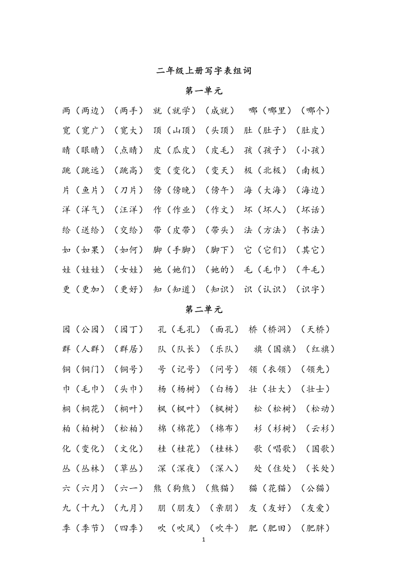 【小学精品】小学二年级上册写字表一字组多词语