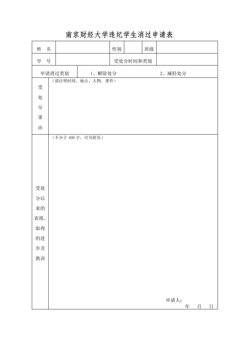 南京财经大学违纪学生消过申请表