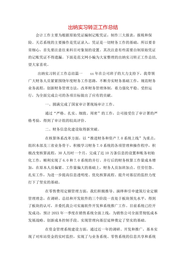 出纳实习转正工作总结