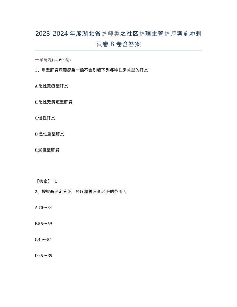 2023-2024年度湖北省护师类之社区护理主管护师考前冲刺试卷B卷含答案