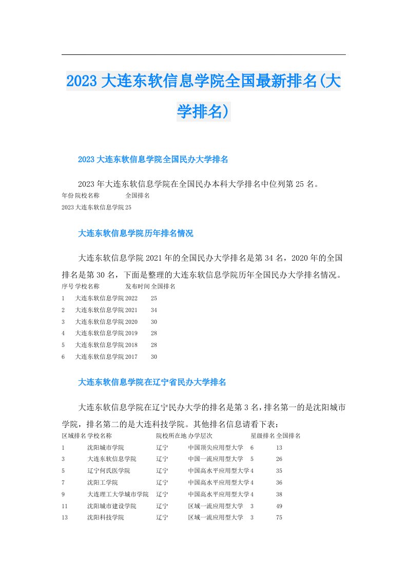 大连东软信息学院全国最新排名(大学排名)