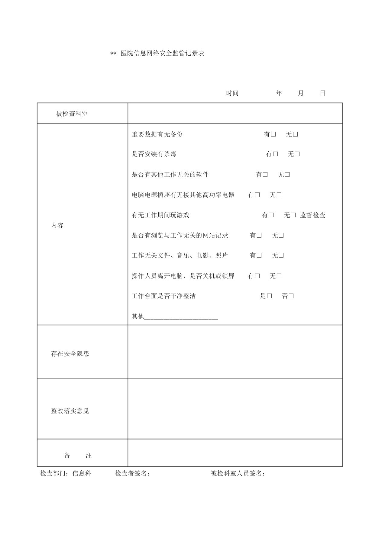 医院信息网络安全监管记录表