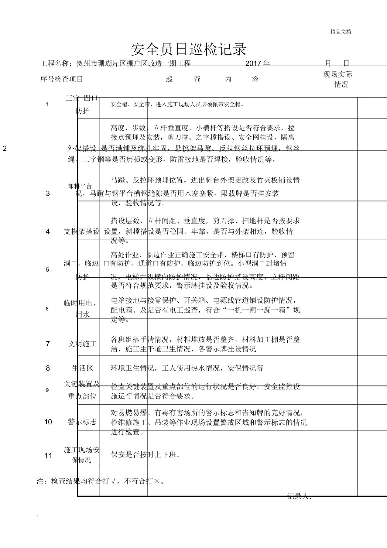 安全员日常巡查记录表模板