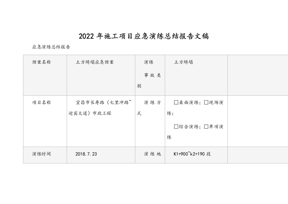 2022年施工项目应急演练总结报告文稿