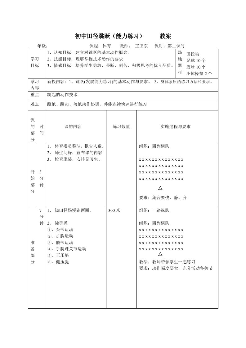 初中田径跳跃(发展能力练习)第二课时教案