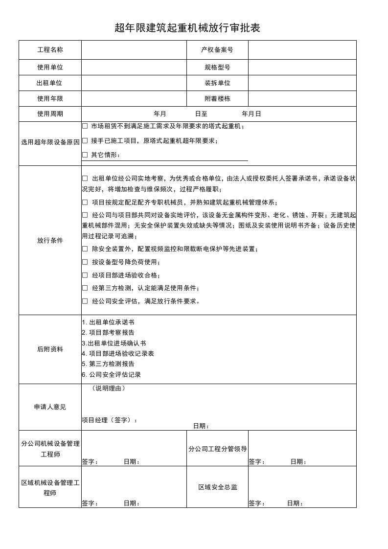 超年限建筑起重机械放行审批表