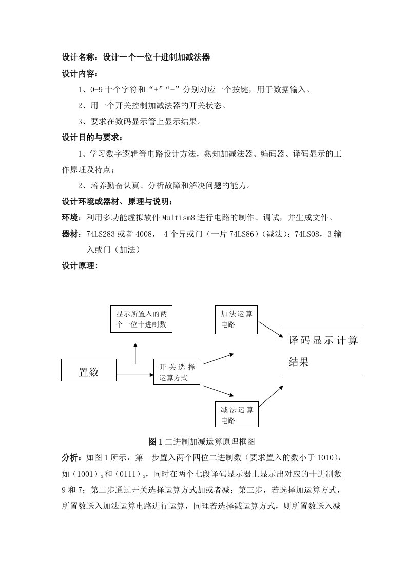 十进制加减法数字电路课程设计报告