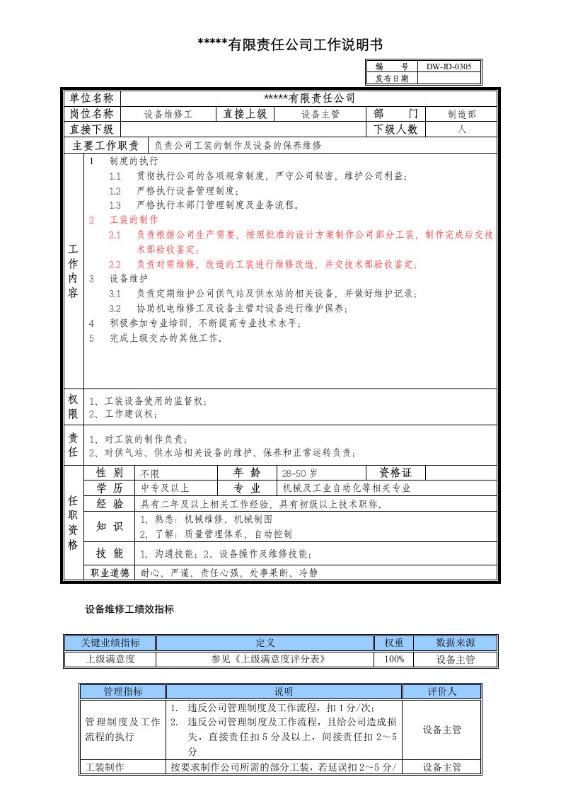 精选某中型制造业设备维修工岗位说明书及KPI指标