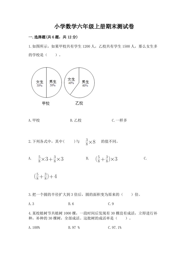 小学数学六年级上册期末测试卷（各地真题）