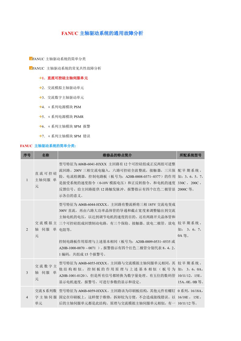 FANUC主轴驱动系统的通用故障分析