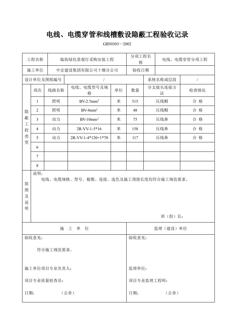 电线、电缆穿管和线槽敷设隐蔽工程验收记录