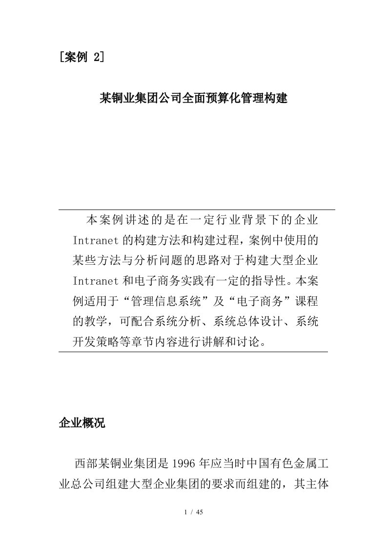 某铜业集团公司全面预算化管理模式设计