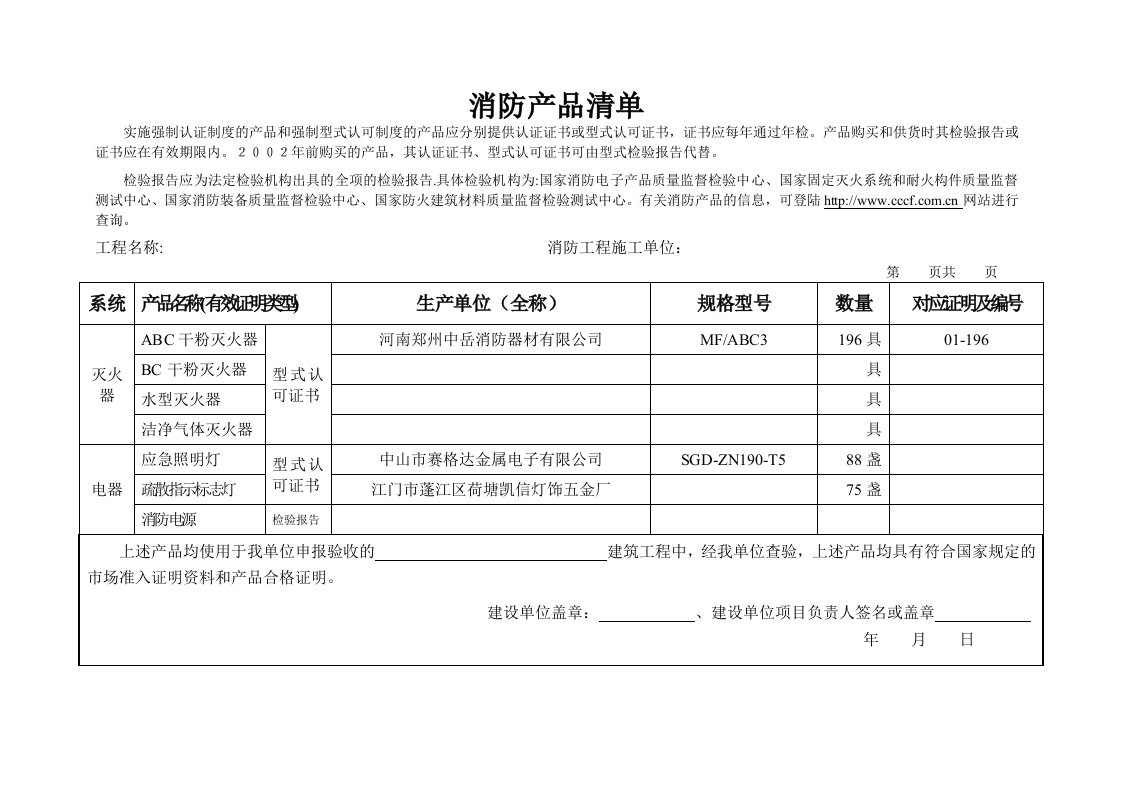 消防产品清单样品