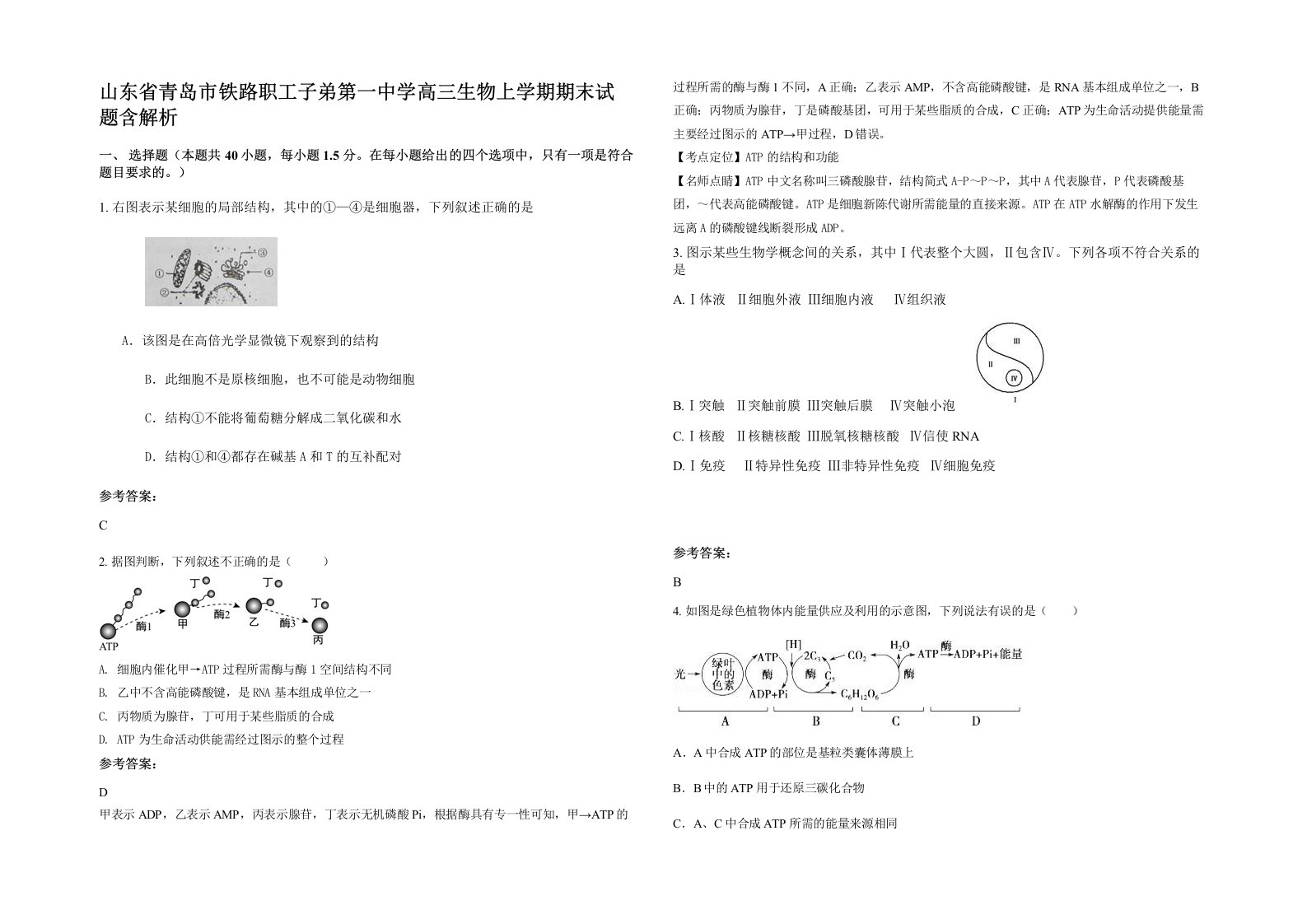 山东省青岛市铁路职工子弟第一中学高三生物上学期期末试题含解析